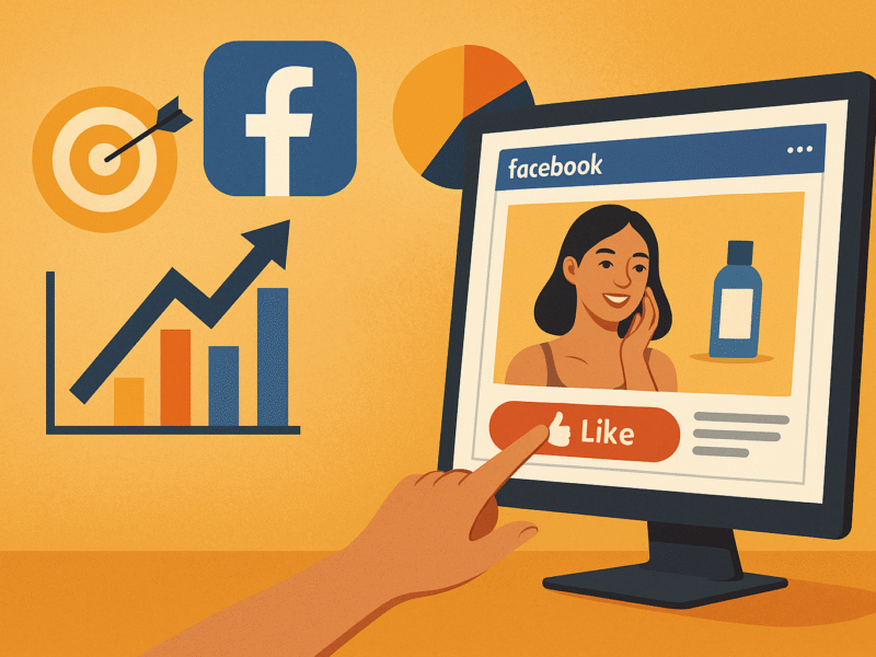 A digitally created 2D illustration featuring a smartphone screen displaying vibrant social media-style visuals, surrounded by abstract digital elements, graphs, and icons symbolizing targeting, engagement, and advertising strategy in a modern, colorful, futuristic style.
