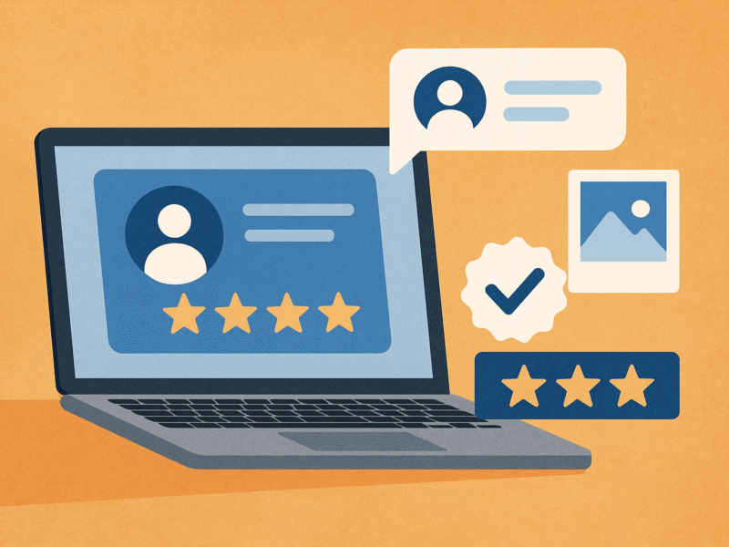 A digital illustration of a laptop displaying a user profile with five-star ratings, surrounded by icons of testimonials, checkmarks, and images symbolizing social proof and trust.