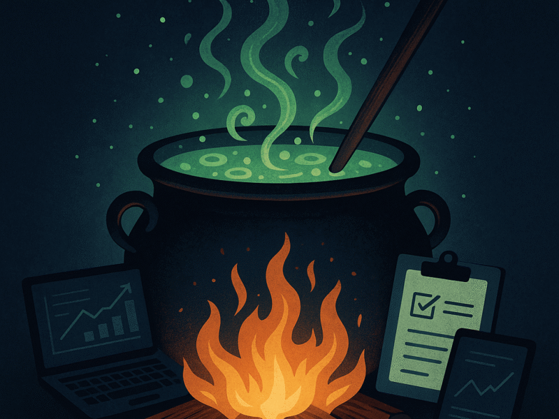 A digital illustration of a large black cauldron bubbling with glowing green liquid, releasing swirling steam. The cauldron is placed above a bright fire made of logs, surrounded by modern digital tools—a laptop with a rising graph, a clipboard with a checkmark, and a tablet displaying analytics—all glowing under the green and orange light.