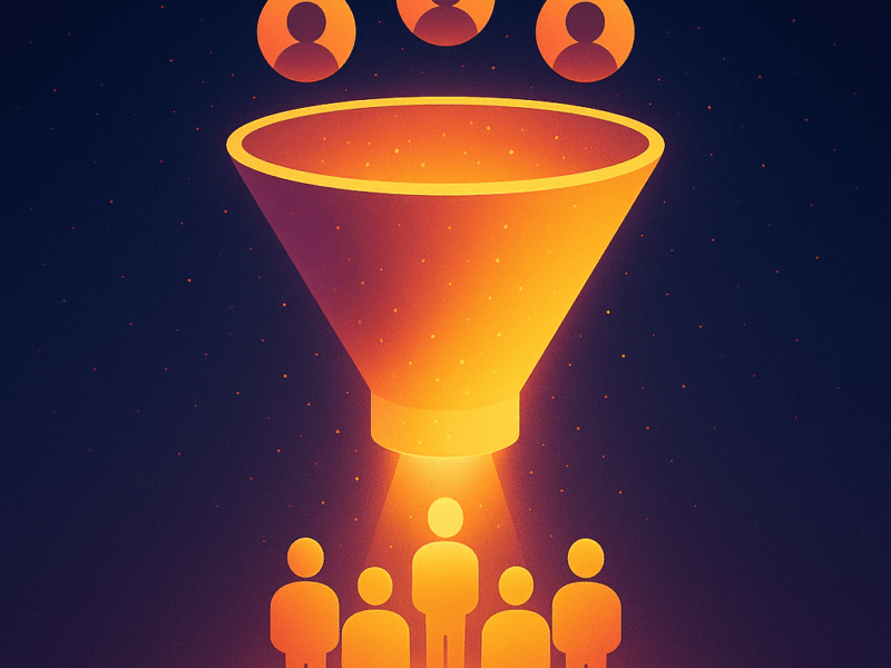 Abstract digital marketing concept illustration of a glowing funnel converting leads into loyal customer figures, symbolizing irresistible offers and BOFU conversions.