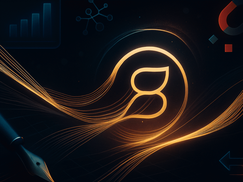 Abstract golden threads weaving into a glowing core on a dark background, symbolizing conversion-focused copywriting and brand voice engineering—no text visible.