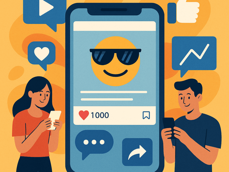 A digital illustration showcases a large smartphone screen displaying a social media post with a smiley face wearing sunglasses, surrounded by icons like a heart, play button, thumbs-up, and analytics chart. A woman and a man on either side of the phone are engaging with their own devices, symbolizing vibrant social media interaction and strategy