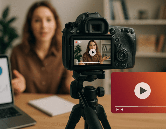 A DSLR camera records a woman speaking at a desk, with a laptop showing charts and graphs nearby, symbolizing video marketing and content creation.