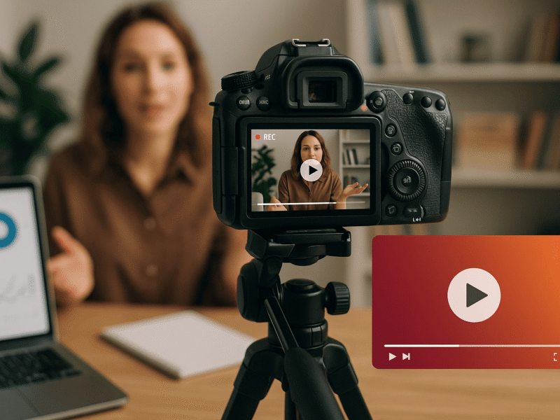 A DSLR camera records a woman speaking at a desk, with a laptop showing charts and graphs nearby, symbolizing video marketing and content creation.