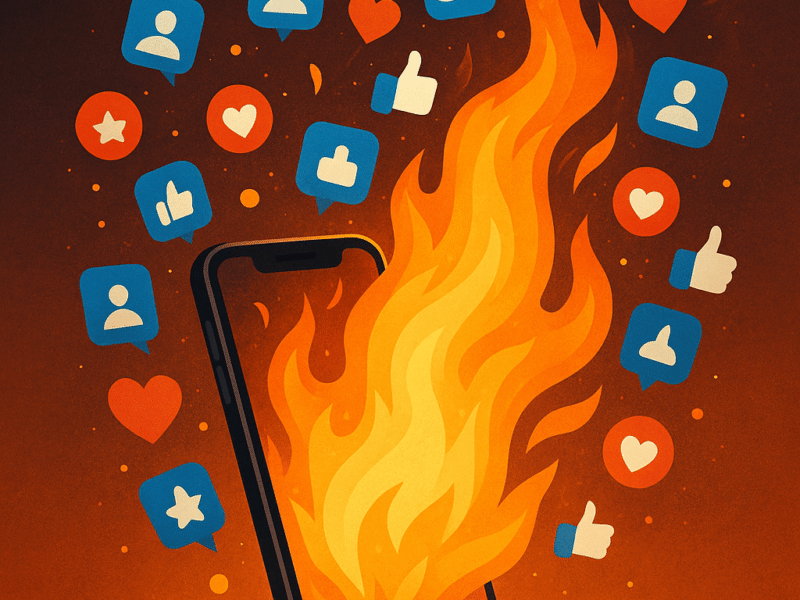 A smartphone engulfed in vibrant flames, with floating social media icons such as hearts, thumbs-up, stars, and user avatars surrounding it, symbolizing viral content spreading online.