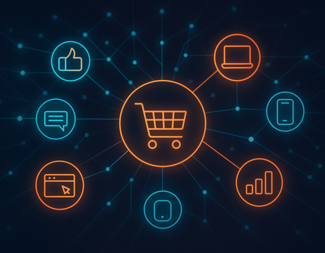 A digital illustration showing interconnected marketing channels with a glowing shopping cart icon at the center, linked to icons for social media, email, analytics, mobile, and web.