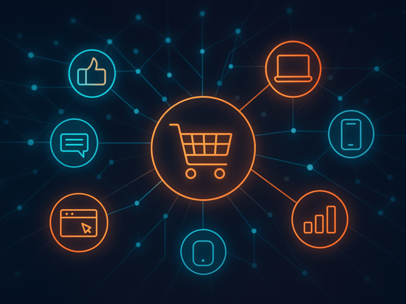 A digital illustration showing interconnected marketing channels with a glowing shopping cart icon at the center, linked to icons for social media, email, analytics, mobile, and web.