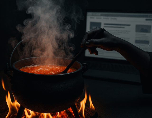 A black cast-iron cauldron bubbling with fiery red liquid over open flames, with smoke rising as a hand stirs it, symbolizing stirring controversy in the digital age.