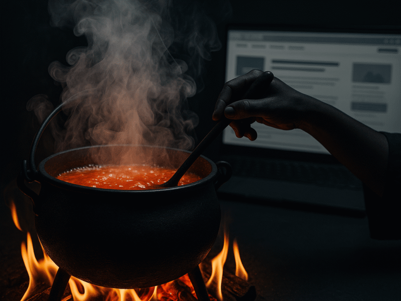 A black cast-iron cauldron bubbling with fiery red liquid over open flames, with smoke rising as a hand stirs it, symbolizing stirring controversy in the digital age.