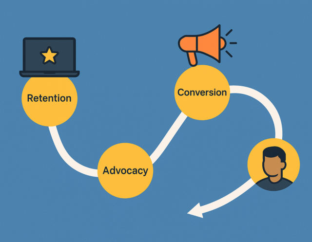 A clean digital diagram illustrating the customer journey with four yellow circles linked by a curved arrow, representing awareness, conversion, retention, and advocacy, with simple icons above each stage.