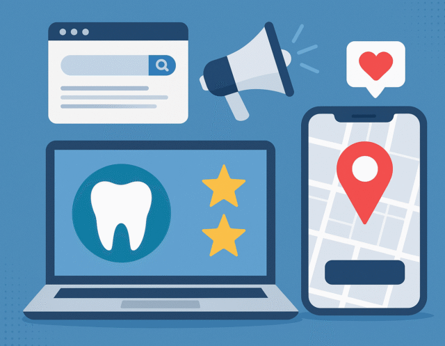 A flat-style digital illustration showing dental marketing concepts with a laptop displaying a tooth icon and stars, a smartphone with a location pin, a megaphone, a search result window, and a social media heart notification.