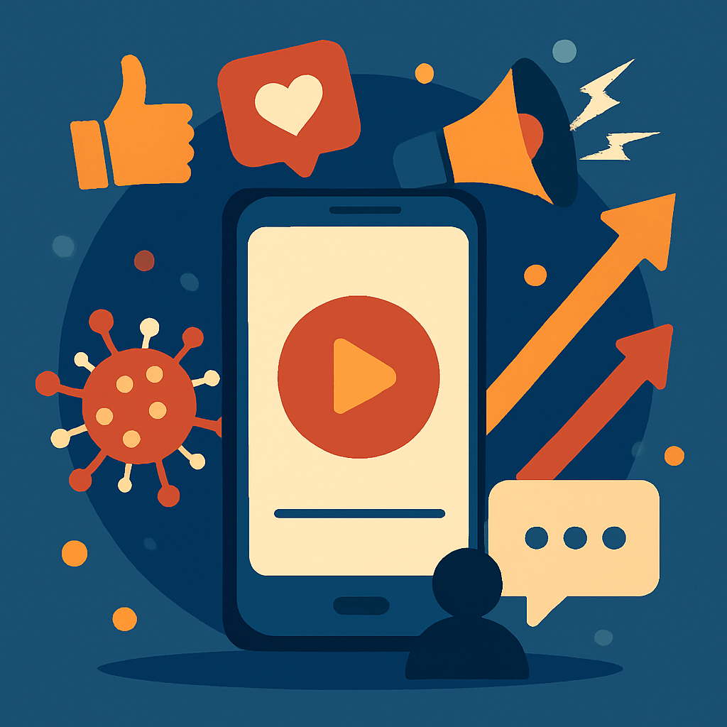 Digital illustration of a smartphone with a play button surrounded by social media icons, arrows, and viral symbols representing online engagement.