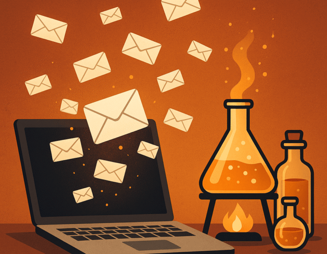 A digital illustration of a laptop with glowing email envelopes floating out of the screen, next to bubbling alchemy flasks filled with golden liquid on a warm orange background.