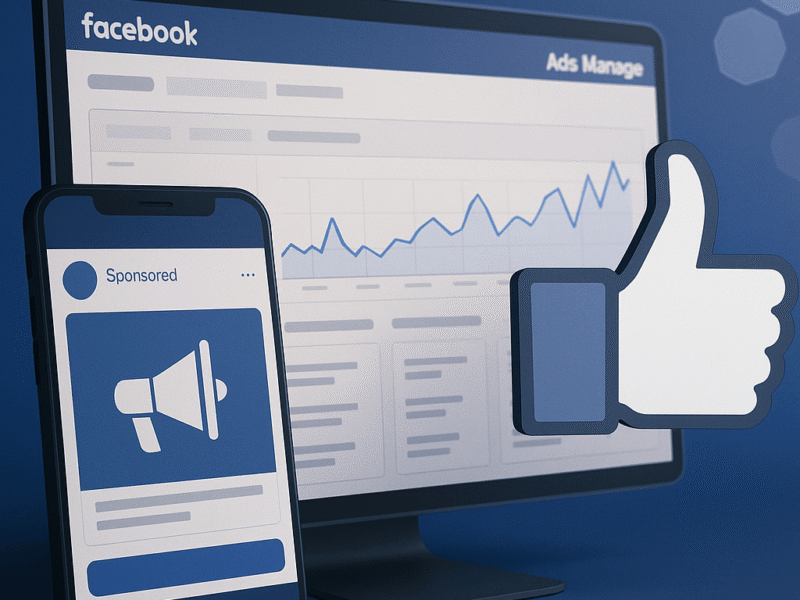 A digital composite showing Facebook advertising with a smartphone displaying a sponsored ad, a computer monitor with Ads Manager performance metrics, and a large thumbs-up icon, all set against a clean blue background.