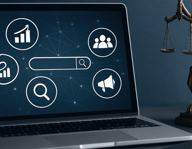 Laptop screen displaying digital marketing icons with a network background, beside a bronze Lady Justice statue on a desk