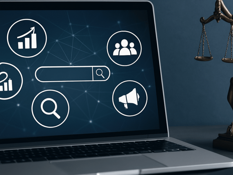 Laptop screen displaying digital marketing icons with a network background, beside a bronze Lady Justice statue on a desk