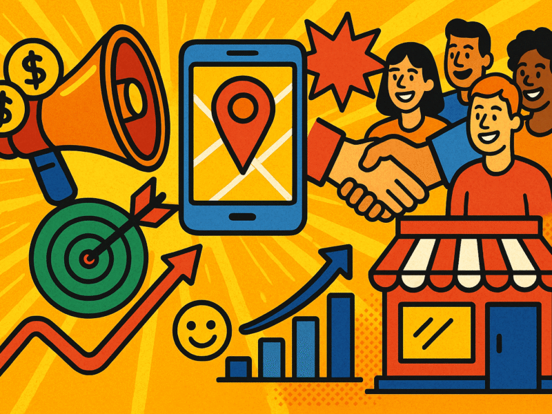 Vibrant illustration of local marketing themes with a storefront, handshake, smartphone map pin, megaphone, target, growth chart, and smiling community.