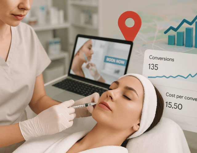 A med spa practitioner performs an injectable treatment on a client while a laptop in the background displays an online booking interface and digital marketing analytics.