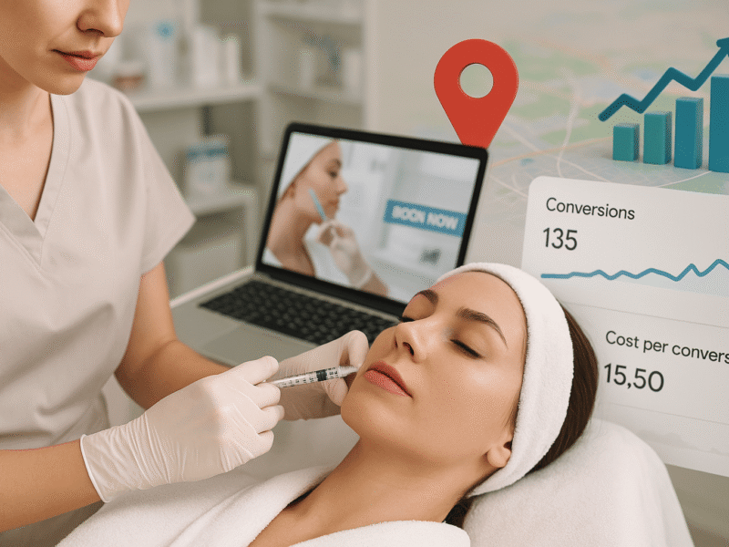 A med spa practitioner performs an injectable treatment on a client while a laptop in the background displays an online booking interface and digital marketing analytics.