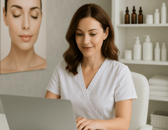 Med spa professional working on a laptop in a modern, minimalist clinic with skincare products and calming decor."