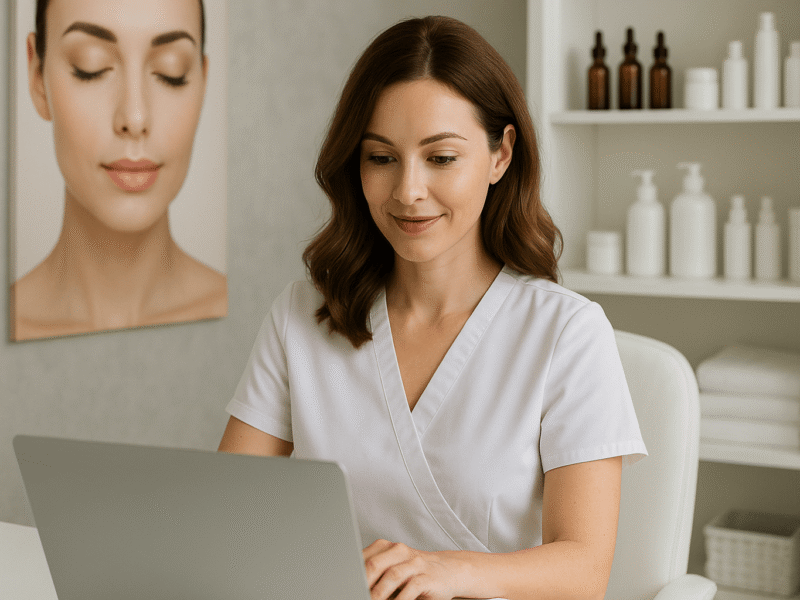 Med spa professional working on a laptop in a modern, minimalist clinic with skincare products and calming decor."