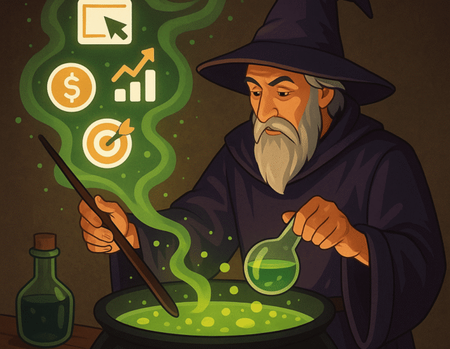 A digital illustration of a wizard in a deep purple robe stirring a glowing green potion in a cauldron, with floating magical icons symbolizing advertising and analytics hovering in the mist above.