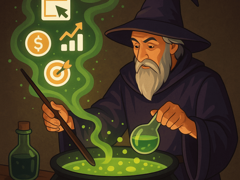 A digital illustration of a wizard in a deep purple robe stirring a glowing green potion in a cauldron, with floating magical icons symbolizing advertising and analytics hovering in the mist above.