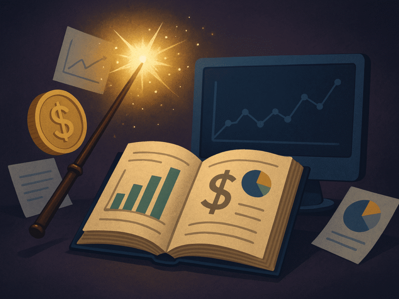 A digital illustration in a semi-realistic style showing a glowing cauldron surrounded by floating data charts, ROI graphs, and mystical light beams, symbolizing the fusion of marketing strategy and financial success.