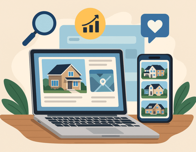 Flat illustration of digital real estate marketing with a laptop showing a property listing and a smartphone displaying multiple homes, surrounded by icons for search, growth, and engagement.
