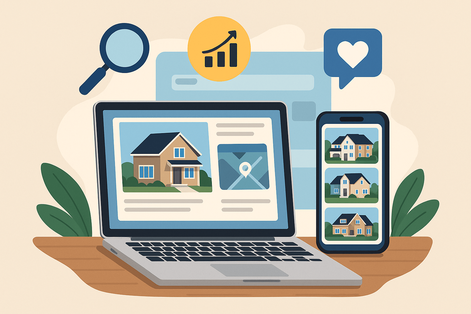 Flat illustration of digital real estate marketing with a laptop showing a property listing and a smartphone displaying multiple homes, surrounded by icons for search, growth, and engagement.