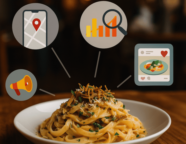 A bowl of creamy fettuccine pasta garnished with herbs sits on a wooden table, with digital marketing icons like maps, analytics, social media, and promotion graphics overlaid in the background.