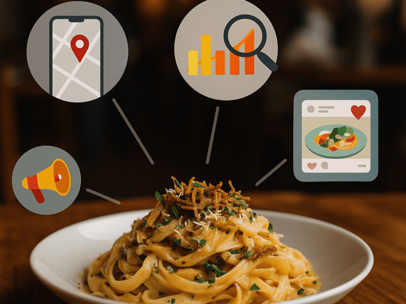 A bowl of creamy fettuccine pasta garnished with herbs sits on a wooden table, with digital marketing icons like maps, analytics, social media, and promotion graphics overlaid in the background.