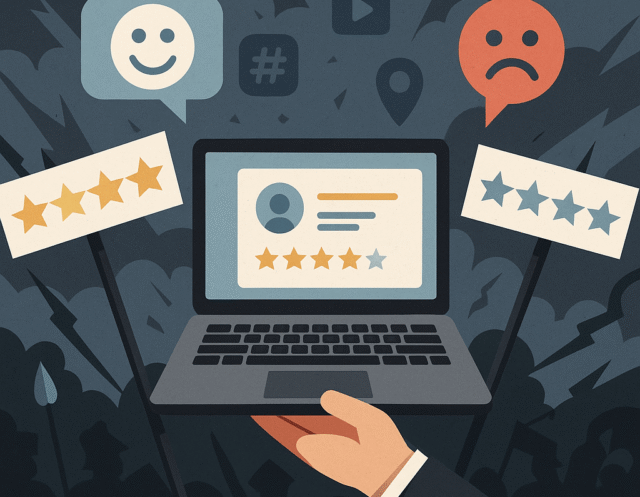 digital illustration showing a laptop with star ratings on the screen, surrounded by review icons, smiley and sad faces, and social media symbols, symbolizing the battle between positive and negative online reviews.