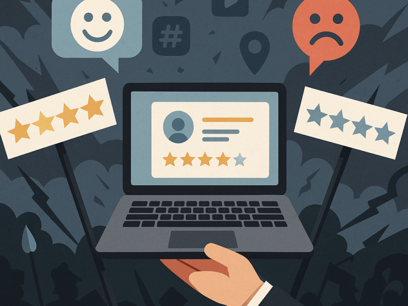 digital illustration showing a laptop with star ratings on the screen, surrounded by review icons, smiley and sad faces, and social media symbols, symbolizing the battle between positive and negative online reviews.