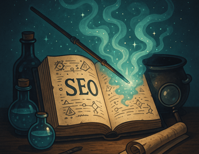A digital illustration of an enchanted spellbook glowing with magical energy, surrounded by potion bottles, a wand, a cauldron, and scrolls on a wooden table.