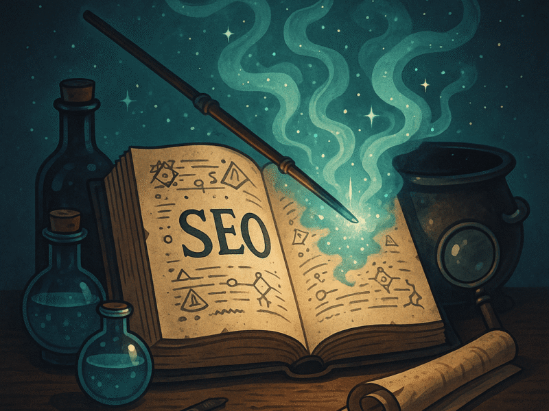 A digital illustration of an enchanted spellbook glowing with magical energy, surrounded by potion bottles, a wand, a cauldron, and scrolls on a wooden table.
