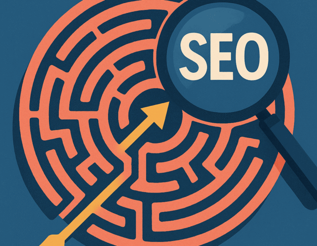 Conceptual illustration of a labyrinth symbolizing SEO complexity, with an arrow navigating through the maze and a magnifying glass highlighting the path