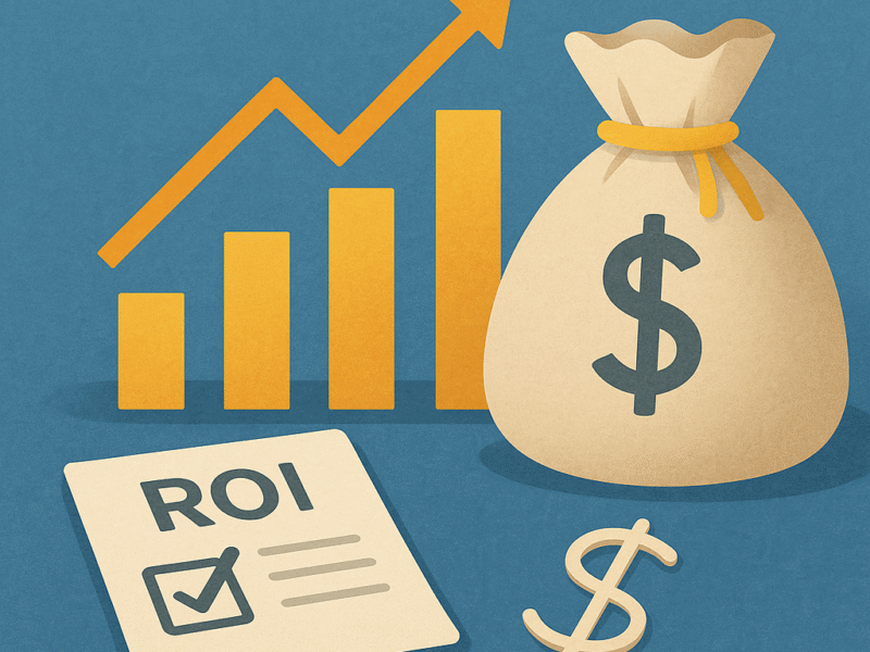 Digital illustration of financial growth showing a money bag with a dollar sign, golden bar chart with an upward arrow, and ROI document.