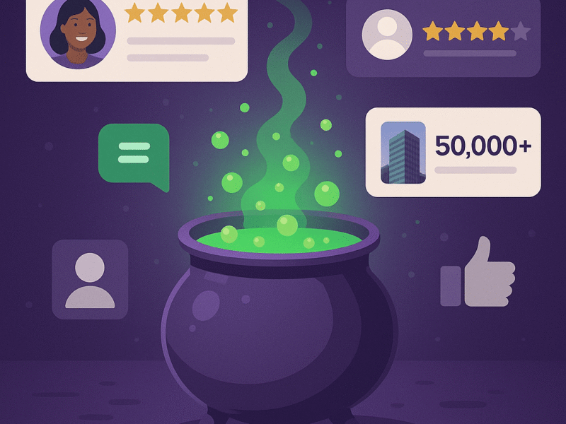 A glowing green potion bubbles in a purple cauldron surrounded by floating UI elements like star ratings, user icons, and engagement icons, symbolizing social proof as a magical growth potion.