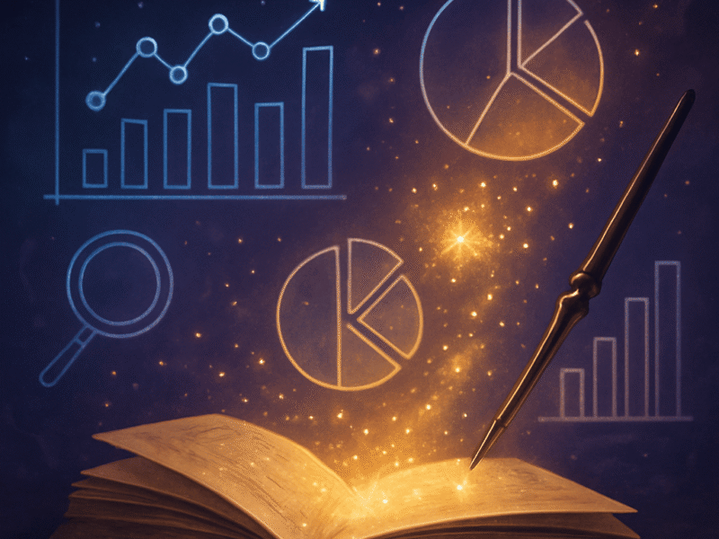 A magical spellbook glowing with golden light, a wand casting sparks, and illuminated charts and graphs floating in a cosmic background.