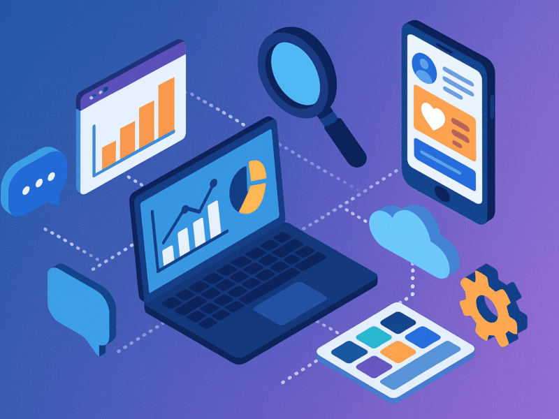 TDC Marketing Toolkit: Essential Apps for Marketers 9 2D digital illustration of a laptop with analytics charts surrounded by icons for cloud, magnifying glass, smartphone, chat bubbles, and gear, symbolizing connected marketing tools and digital growth.