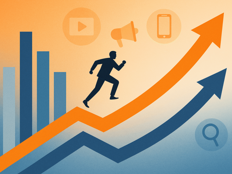 A digital illustration of a person running upward on an arrow symbolizing rapid change in the digital landscape, surrounded by icons for video, social media, and search.