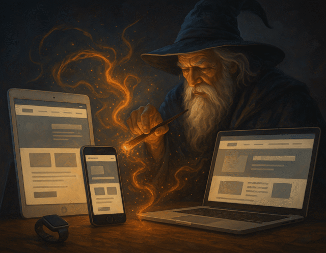 A semi-realistic fantasy digital painting of an old wizard casting glowing magical energy from his wand toward modern devices including a smartphone, tablet, laptop, and smartwatch, symbolizing web design wizardry across all platforms.