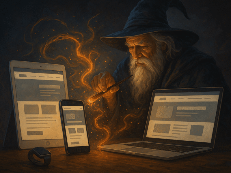 Web Design Wizardry: Crafting Online Spells That Enchant and Convert 10 A semi-realistic fantasy digital painting of an old wizard casting glowing magical energy from his wand toward modern devices including a smartphone, tablet, laptop, and smartwatch, symbolizing web design wizardry across all platforms.