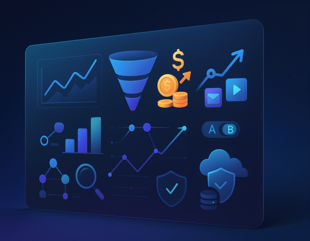 Abstract 3D dashboard with charts, funnel, coins, and network nodes illustrating multi-channel ROI measurement and attribution—no text displayed.