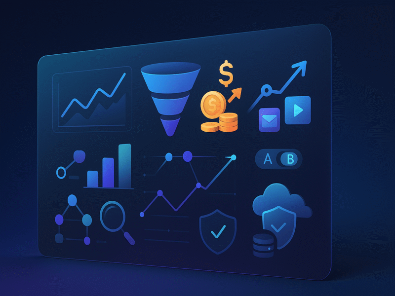 Abstract 3D dashboard with charts, funnel, coins, and network nodes illustrating multi-channel ROI measurement and attribution—no text displayed.