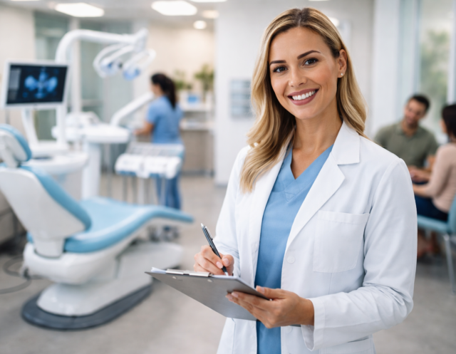 Dental Patient Offer - TDC Blog Friendly dentist standing in a bright modern dental clinic with treatment chair and patients in the background.