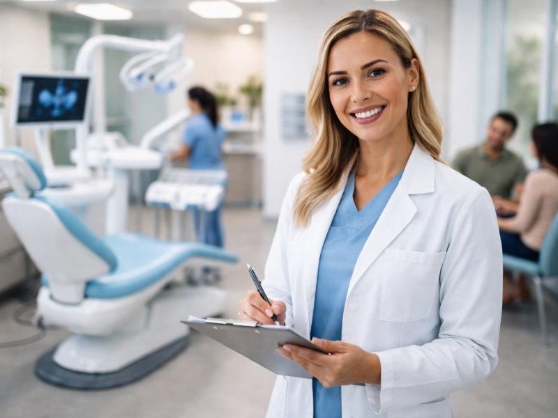 Friendly dentist standing in a bright modern dental clinic with treatment chair and patients in the background.