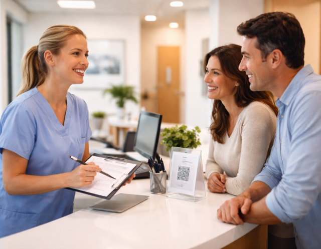 Dental Reviews - TDC Blog Front desk dental receptionist speaking with two satisfied patients at a modern dental clinic reception desk, encouraging them to leave an online review.