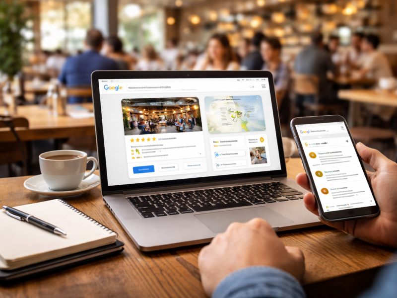 Restaurant owner reviewing a Google Business Profile on a laptop and phone inside a busy, modern dining space, with food-service ambience, recent reviews, ratings, and profile updates suggesting an active weekly audit routine.